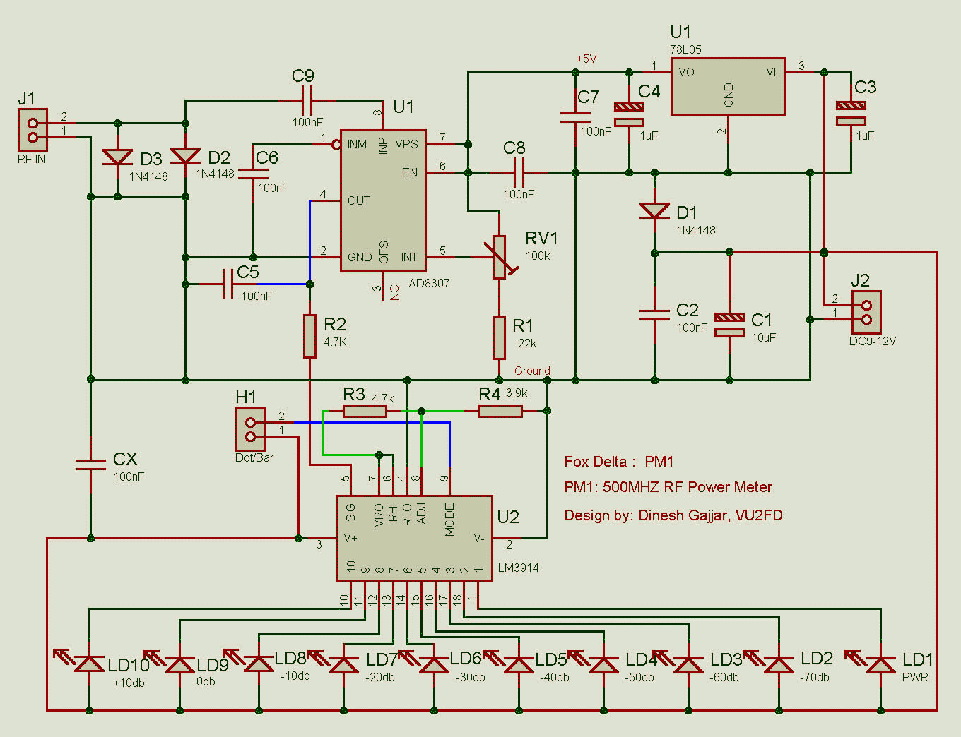 Schematic of the simple AD8307 RF Meter