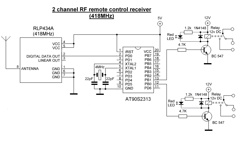 Схема 2 канальный RF приемник на AVR