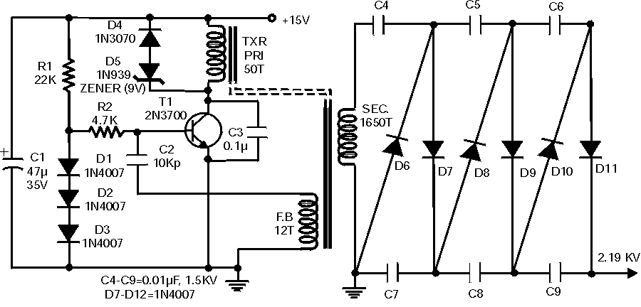 Генератор высокого напряжения 2.1 кВ на транзисторе 2N3700