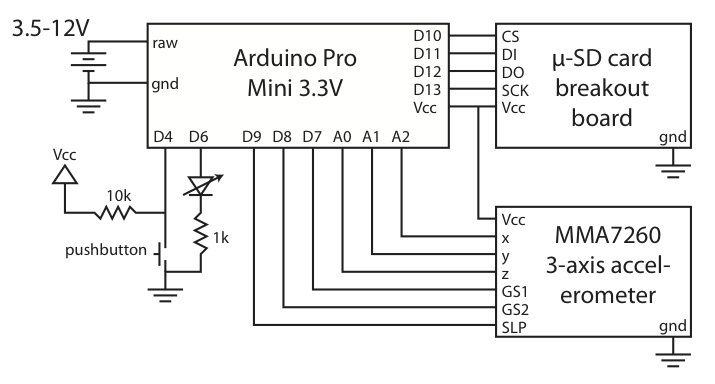 Arduino datalogging accelerometer with µ-SD storage. Schematic