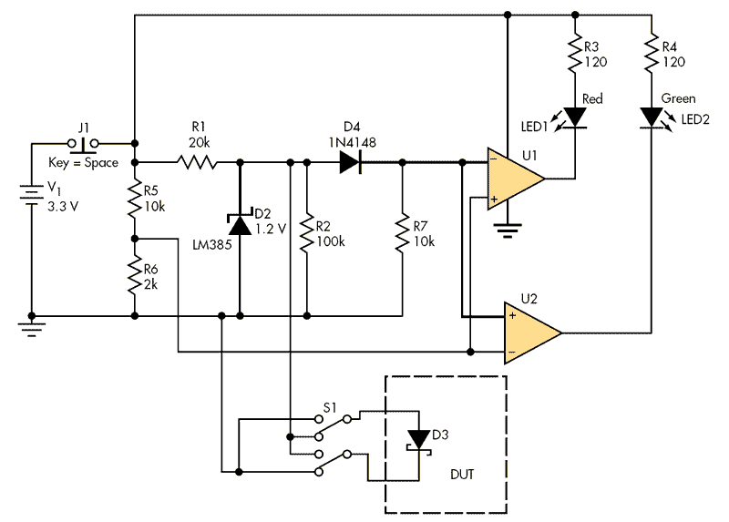 Diode tester limits reverse voltage and forward current to protect sensitive junctions