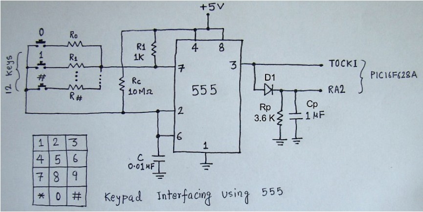 Schematic: 2-Wire Keypad Interface Using a 555 Timer