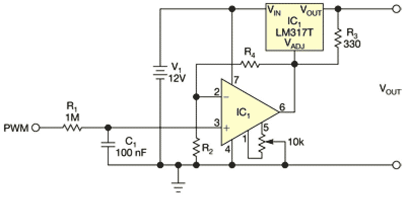 ШИМ сигнал управляет микросхемой LM317T