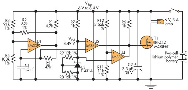 Voltage Down-Converter Lets Two-Cell LiPo Battery Power 6-V Devices