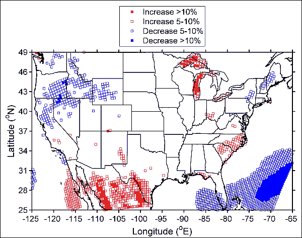 Results from the Canadian regional climate model (CRCM) show the difference in energy density (power in the wind) between 2041-2062 and 1979-2000