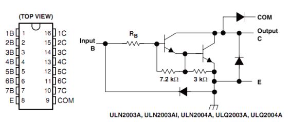 Pin diagram and schematic of ULN2003A (Darlington transistor arrays)