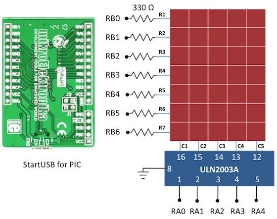 Схема подключения матричного индикатора к микроконтроллеру