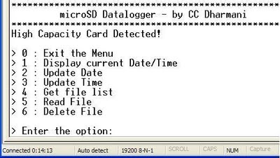 microSD ATmega32 Data-Logger : menu will be displayed on the Hyper terminal