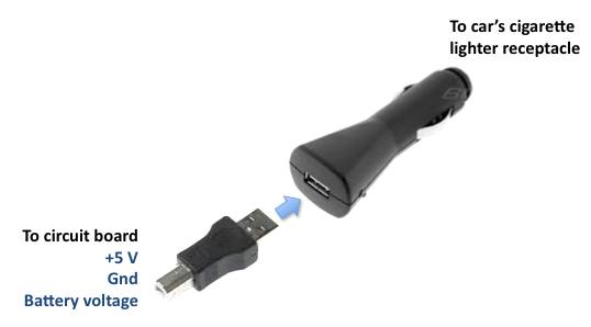 Re-wired USB car charger and the USB-A Male to B Male Adapter