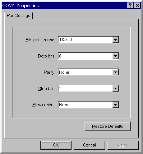 Окно настройки COM порта в программе Hyper terminal