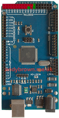 The pins overlaid in red are used by the xmem interface, those in green will be used by me to control the active memory bank.