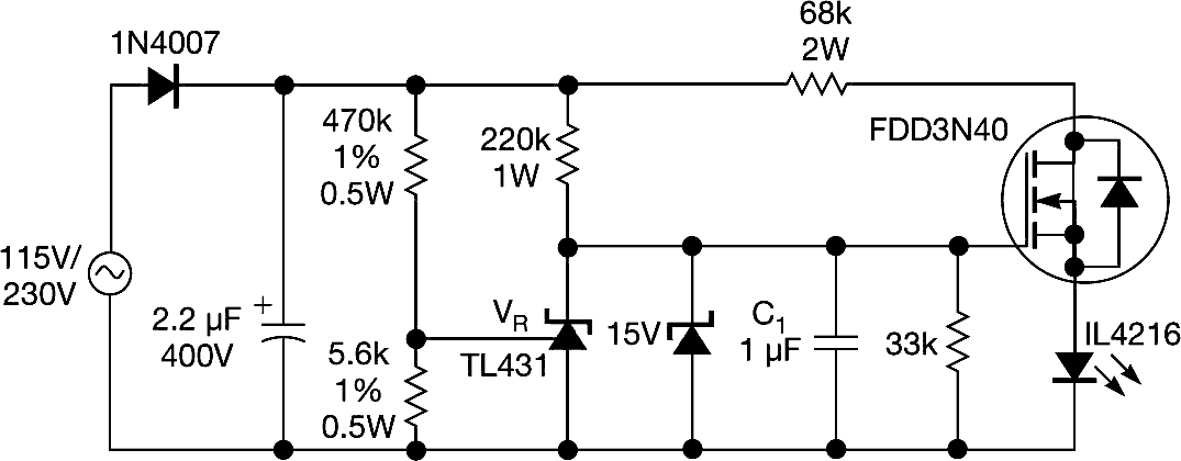 Circuit provides universal AC-input-voltage adapter