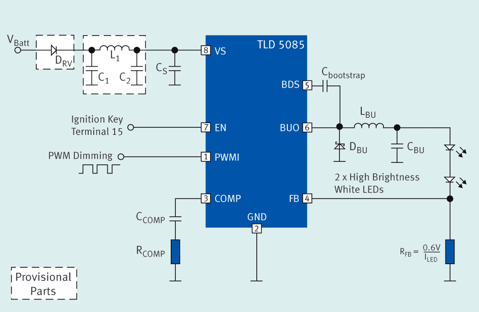 Схема применения TLD5085 в качестве драйвера светодиодов (режим постоянного тока)