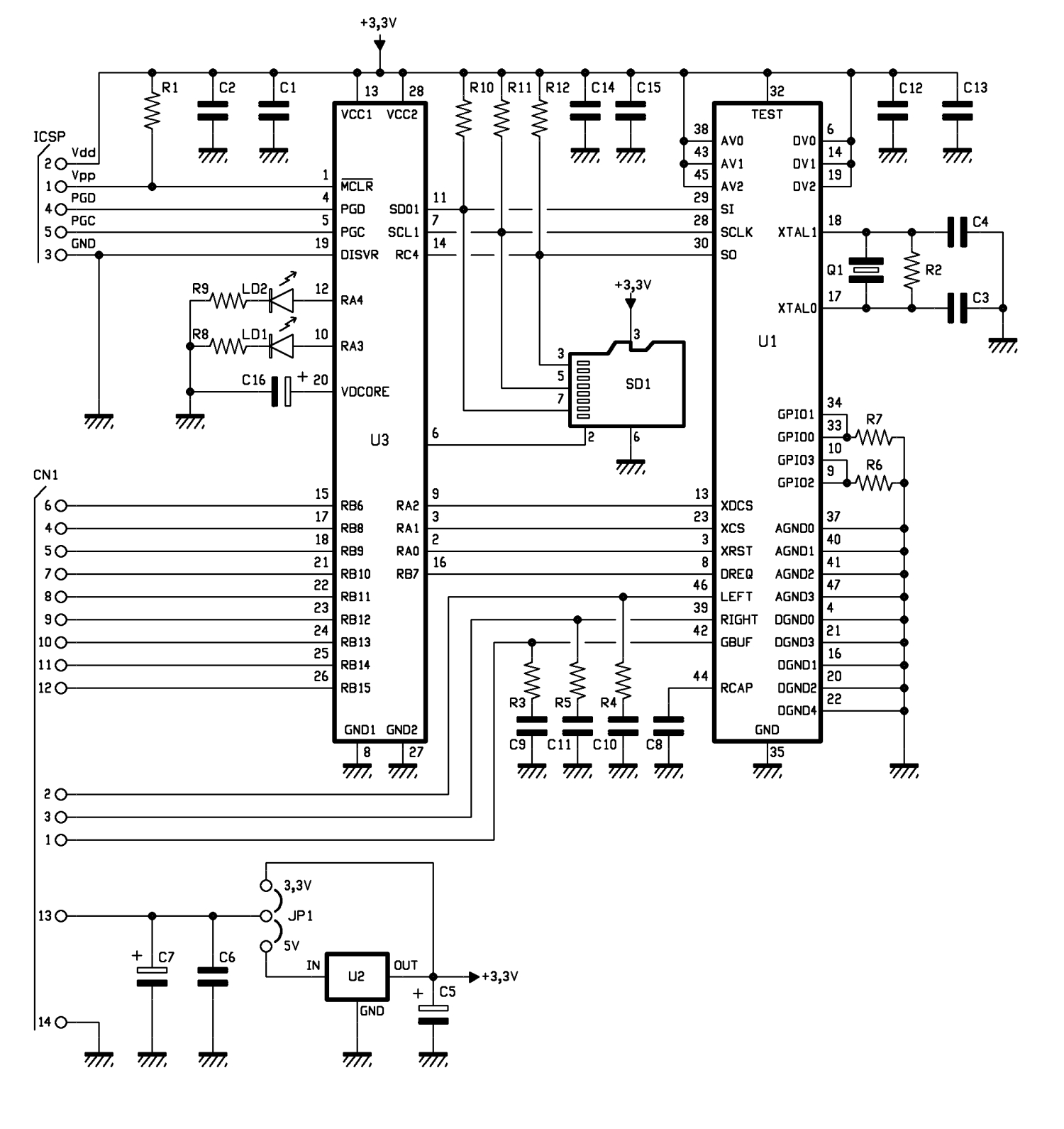 Принципиальная схема mp3 модуля на микроконтроллере PIC24