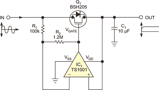 Use a self-powered op amp to create a low-leakage rectifier