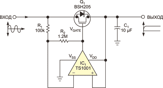 ОУ без внешнего источника питания превращает MOSFET транзистор в выпрямитель с малыми токами утечки