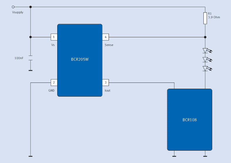 Application example using the BCR108 digital transistor for a typical output current of 30mA