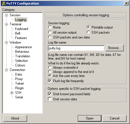 Конфигурация программы PuTTY для работы с регистратором G5 Data Logger (K6 Data Logger)