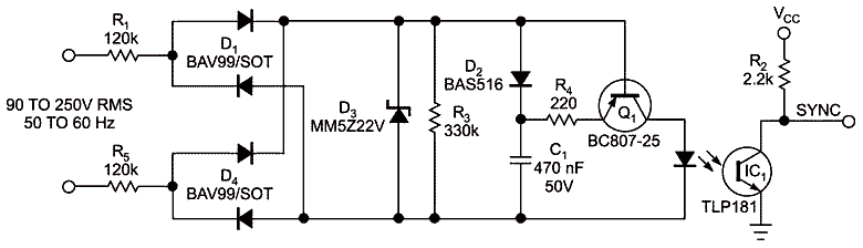 Mains-driven zero-crossing detector uses only a few high-voltage parts