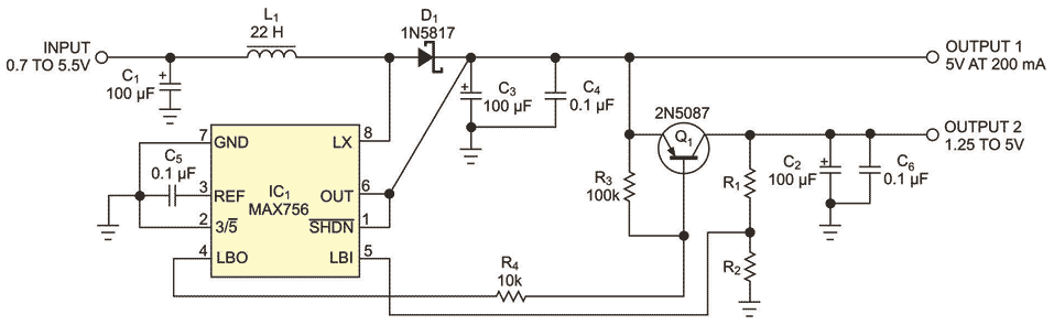 You can use the LBI and LBO pins of this boost-converter IC to operate a low-dropout secondary output