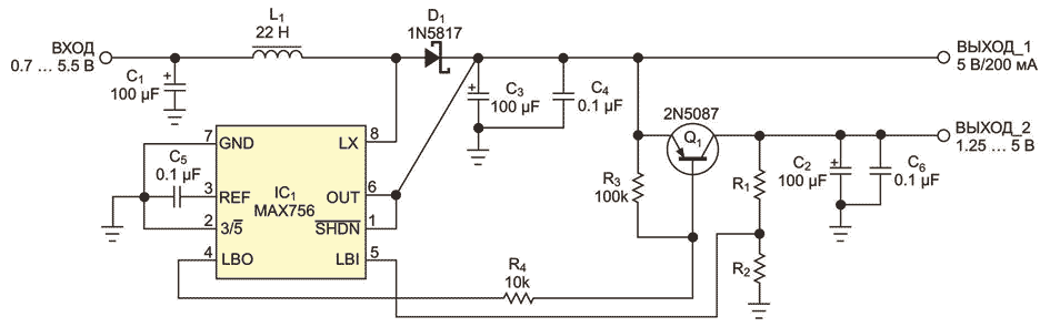 С помощью выводов LBI и LBO повышающего DC/DC преобразователя можно управлять LDO стабилизатором напряжения