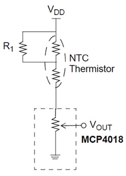 Последовательно включенный цифровой потенциометр компании Microchip может использоваться в различных приложениях, в том числе для калибровки нелинейного термистора.