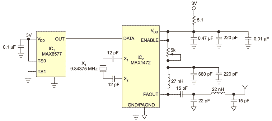 Схема удаленного датчика локальной температуры на базе микросхемы MAX6577 и ASK передатчика MAX1472 для беспроводной системы регистрации данных