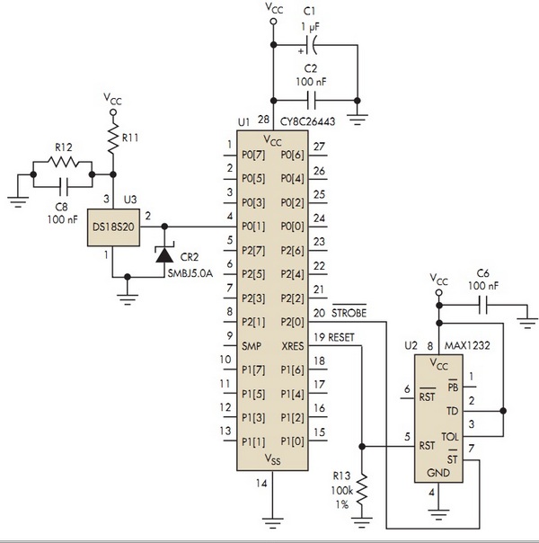 circuit connects the DS18S20 1-Wire temperature sensor to a Cypress CY8C26443 PSoC microcontroller,