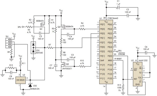Схема подключения удаленного датчика DS18S20 к микроконтроллеру Cypress