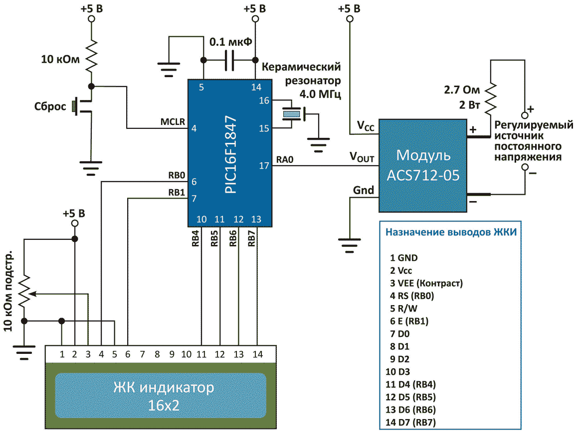 Схема подключения модуля датчика ACS712 и ЖК индикатора к микроконтроллеру