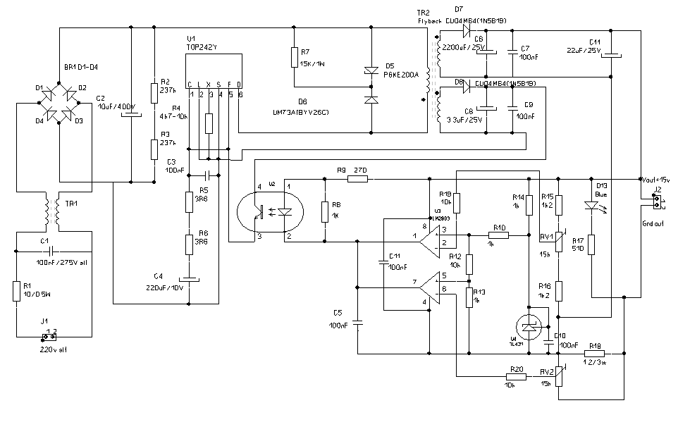 Electronic schematic with included current limited TOP242 power source