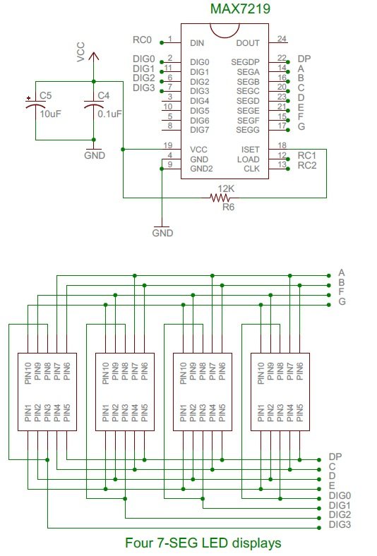 Схема подключения семисегментных индикаторов к микросхеме MAX7219