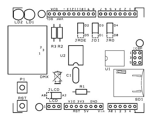 Расположение элементов на плате расширения DMX Shield.