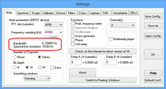 Окно установок программы Visual Analyser