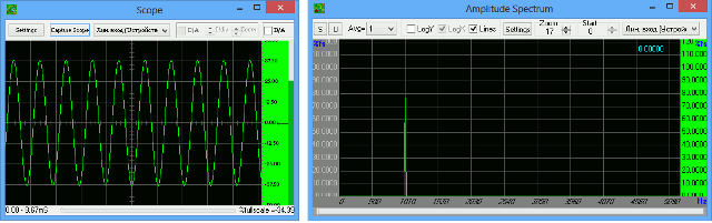 Вид уменьшенного сигнала с генератора и его спектр