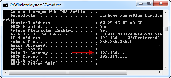 Результат выполнения команды ipconfig