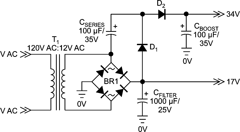 Generate boost rails in a bridge-rectifier circuit