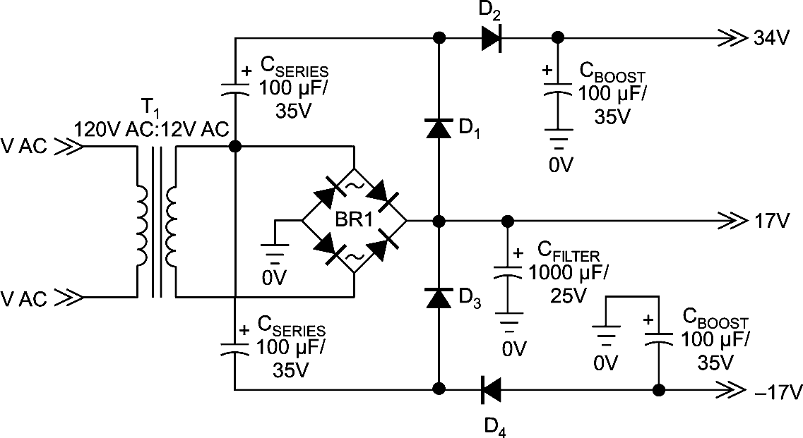Generate boost rails in a bridge-rectifier circuit