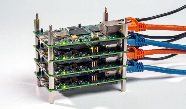 Four-board Parallella stack with Ethernet and power connectors
