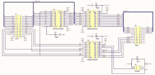 Принципиальная схема адаптера для подключения TFT модуля с 16-разрядной шиной к плате Arduino Mega.