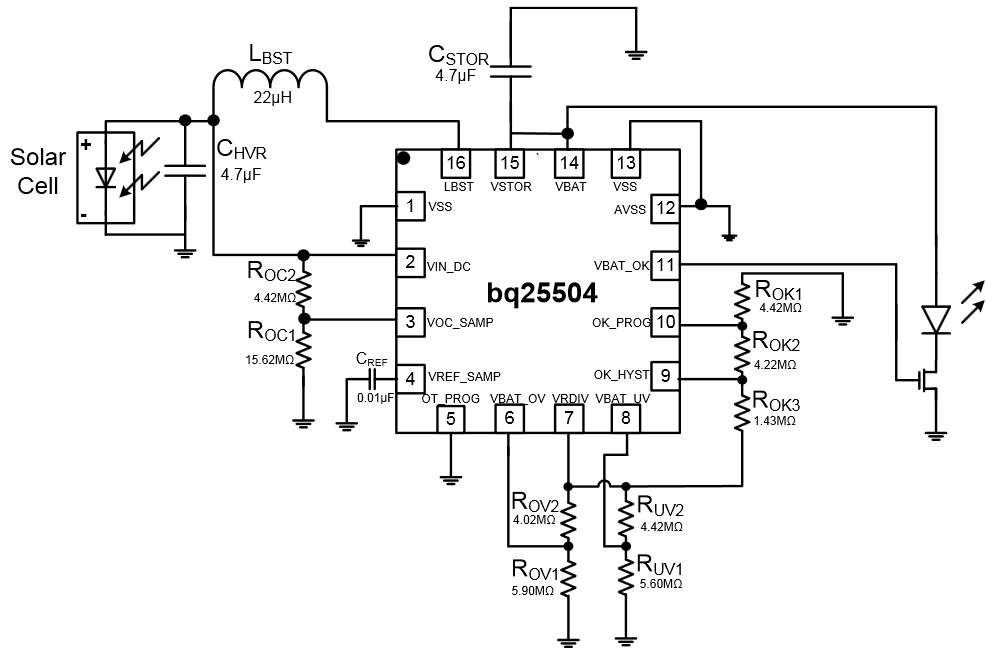 Schematic of bq25504 Circuit showing LED and External Switch