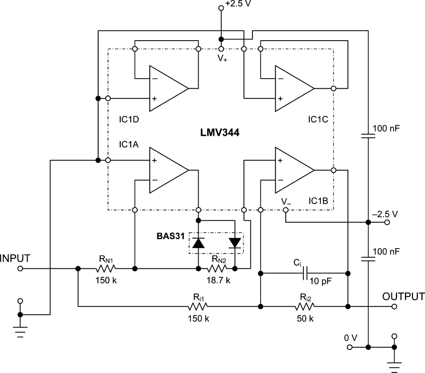 Per-quadrant linear amplifier distinguishes input polarity