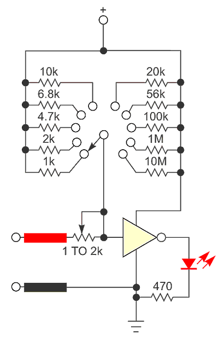 This single-gate continuity tester has an adjustable detection threshold.