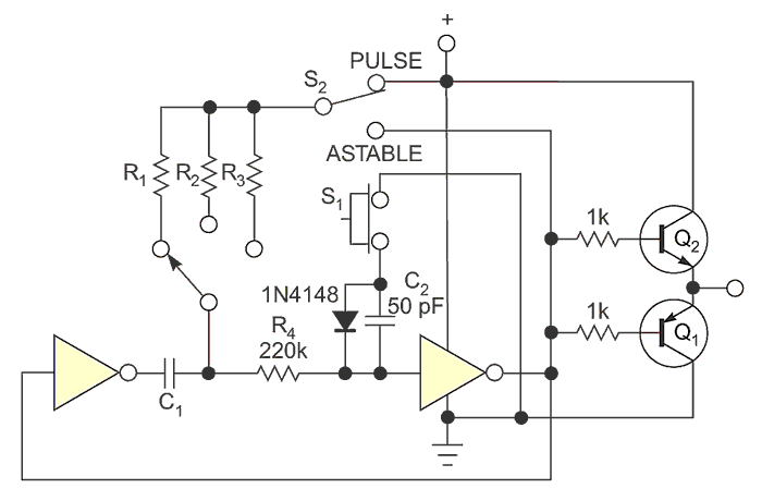 A complementary bipolar pair boosts the output current of the oscillator and the single-pulse generator.