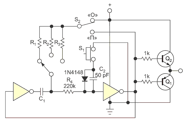 Комплементарная пара транзисторов позволяет увеличить выходной ток автоколебательного генератора и генератора одиночных импульсов.