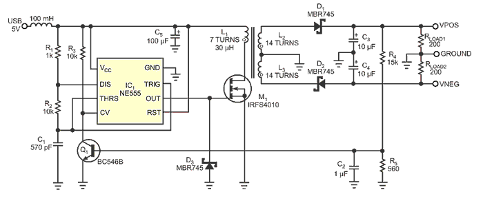 Derive an efficient dual-rail power supply from USB