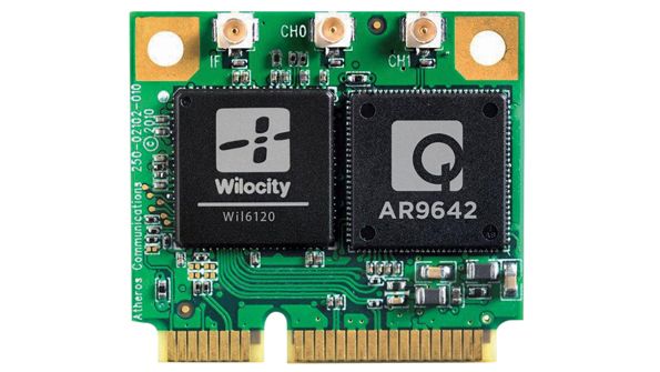 Incorporating the 802.11n chip from Qualcomm Atheros and the 60-GHz chip from Wilocity, this three-band module suits hot spots, routers, and other WLAN products