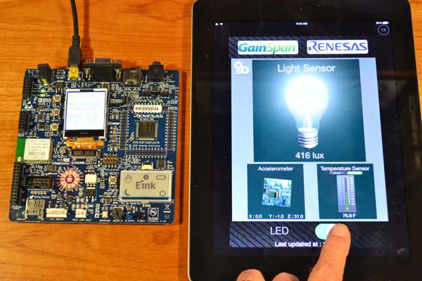 Renesas RL78G14 Demonstration Kit - Sensor reading and lighting control via the iPad app.