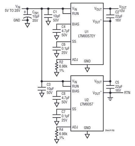 Two LTM8057 Modules with Outputs Connected in Series, Supporting a 10 V, 300 mA Output Application from 20 Vin