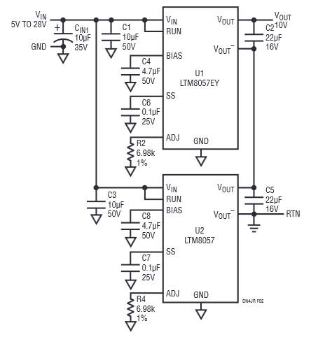 Two LTM8057 Modules with Outputs Connected in Series, Supporting a 10 V, 300 mA Output Application from 20 Vin
